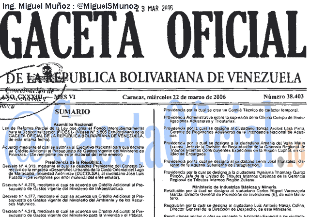 Gaceta Oficial 38403 del 22 Marzo 2006