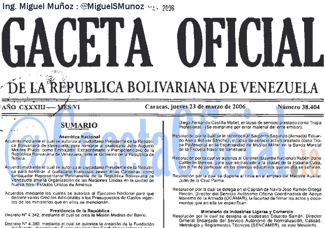 Gaceta Oficial 38404 del 23 Marzo 2006