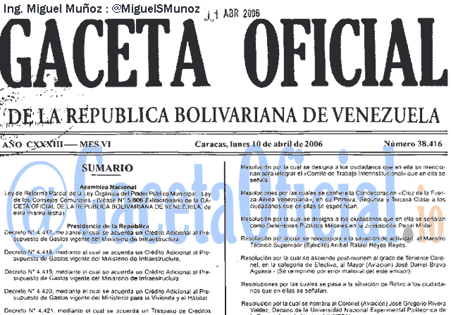 Gaceta Oficial 38416 del 10 Abril 2006
