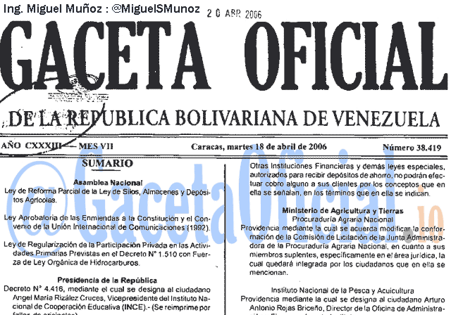 Gaceta Oficial 38419 del 18 Abril 2006