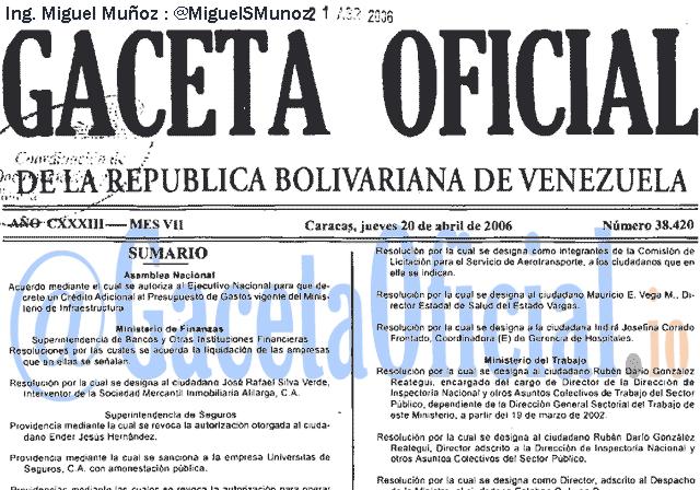 Gaceta Oficial 38420 del 20 Abril 2006