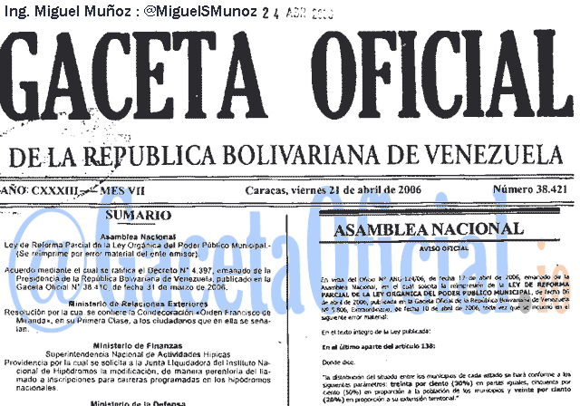 Gaceta Oficial 38421 del 21 Abril 2006