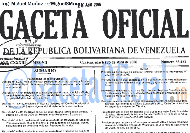 Gaceta Oficial 38423 del 25 Abril 2006