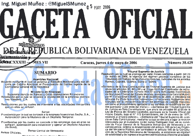 Gaceta Oficial 38429 del 4 Mayo 2006