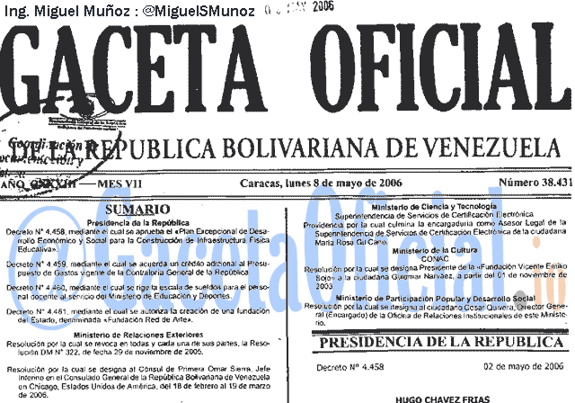 Gaceta Oficial 38431 del 8 Mayo 2006