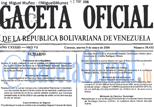 Gaceta Oficial 38432 del 9 Mayo 2006