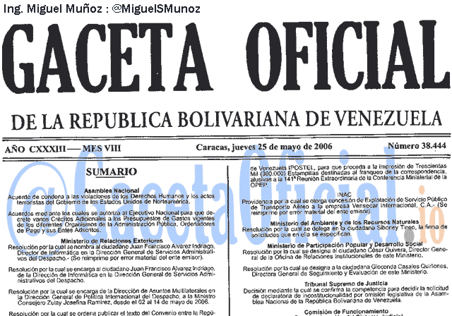 Gaceta Oficial 38444 del 25 Mayo 2006