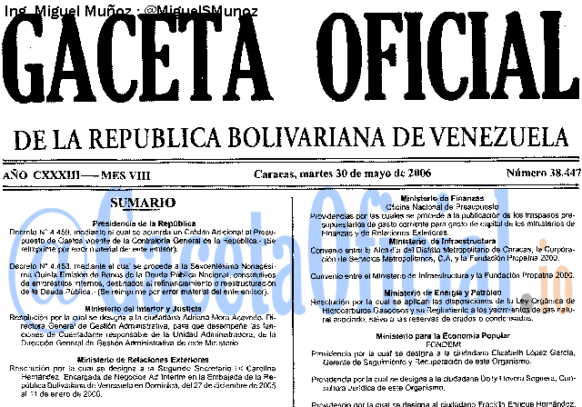 Gaceta Oficial 38447 del 30 Mayo 2006