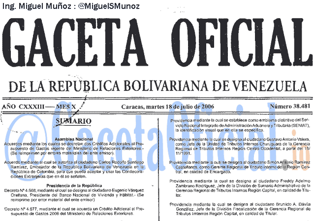 Gaceta Oficial 38481 del 18 Julio 2006