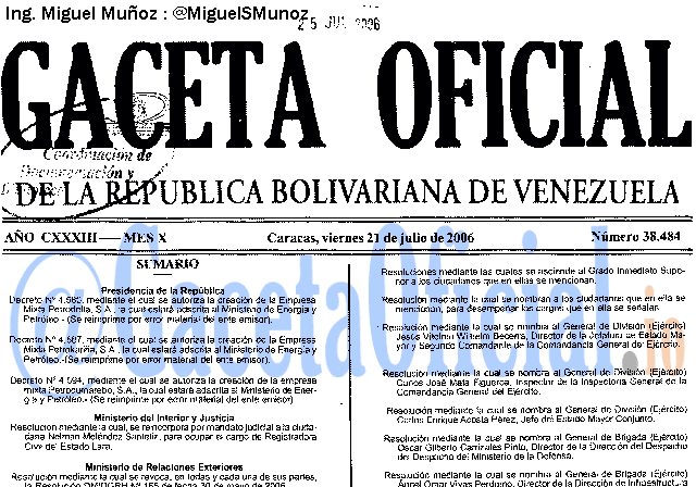 Gaceta Oficial 38484 del 21 Julio 2006