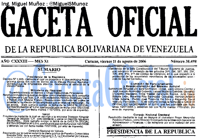 Gaceta Oficial 38498 del 11 Agosto 2006