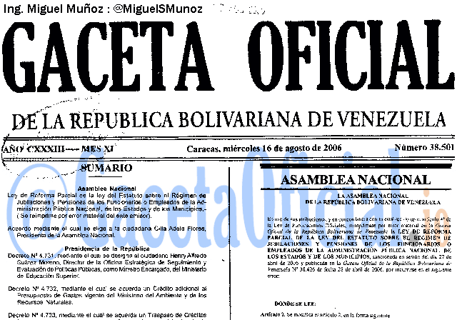 Gaceta Oficial 38501 del 16 Agosto 2006