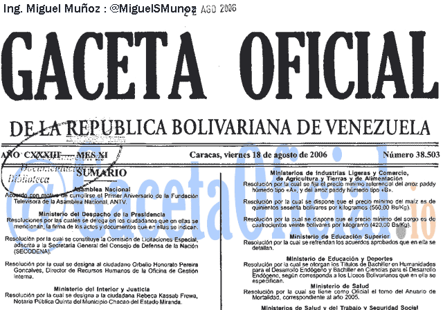 Gaceta Oficial 38503 del 18 Agosto 2006