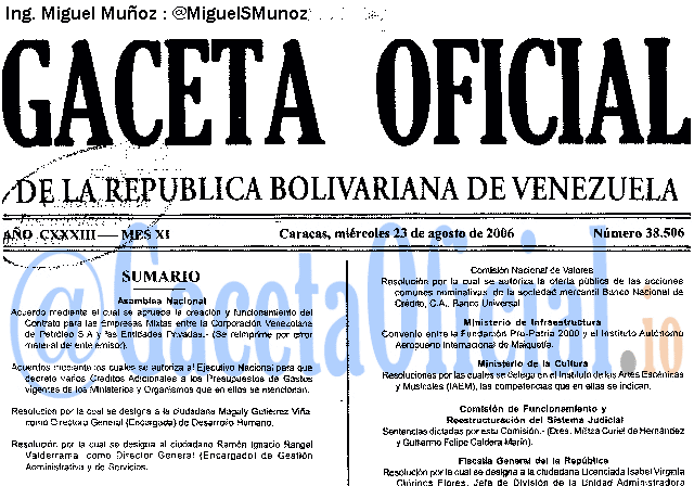 Gaceta Oficial 38506 del 23 Agosto 2006