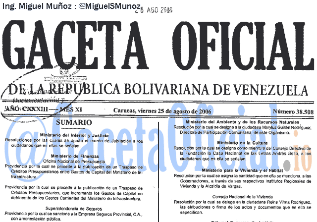 Gaceta Oficial 38508 del 25 Agosto 2006
