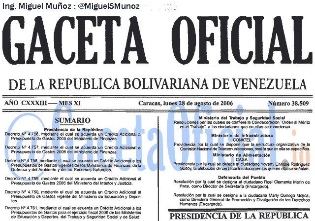 Gaceta Oficial 38509 del 28 Agosto 2006