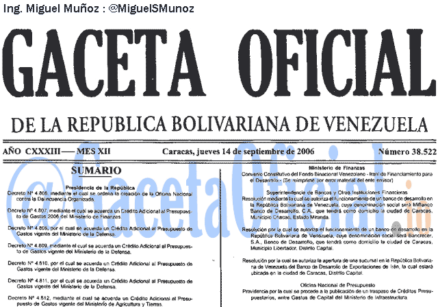 Gaceta Oficial 38522 del 14 Septiembre 2006
