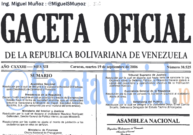 Gaceta Oficial 38525 del 19 Septiembre 2006