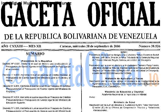 Gaceta Oficial 38526 del 20 Septiembre 2006