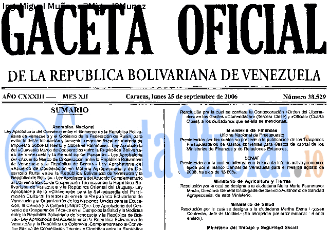 Gaceta Oficial 38529 del 25 Septiembre 2006