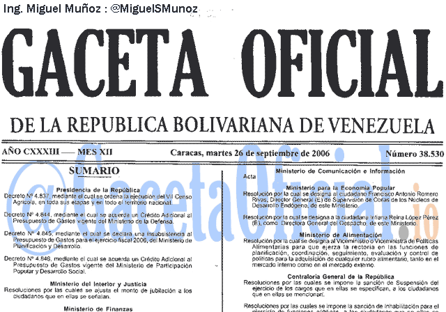 Gaceta Oficial 38530 del 26 Septiembre 2006