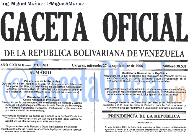 Gaceta Oficial 38531 del 27 Septiembre 2006