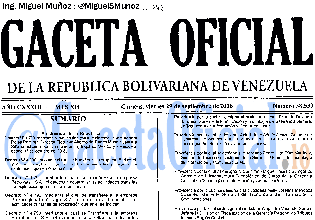 Gaceta Oficial 38533 del 29 Septiembre 2006