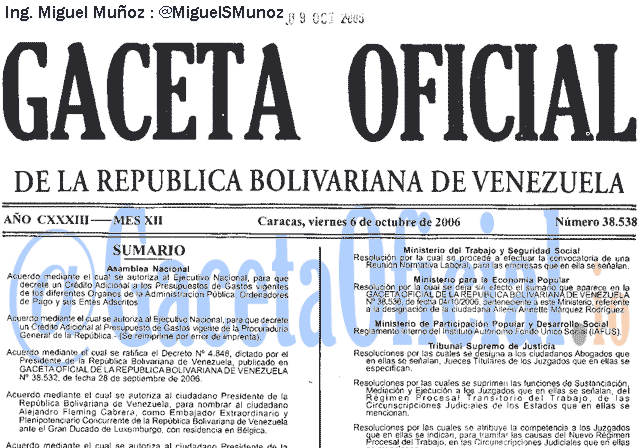 Gaceta Oficial 38538 del 6 Octubre 2006