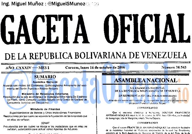 Gaceta Oficial 38543 del 16 Octubre 2006