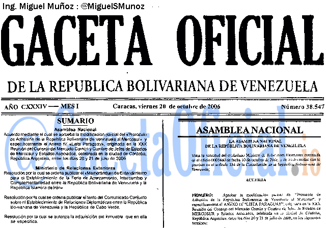 Gaceta Oficial 38547 del 20 Octubre 2006