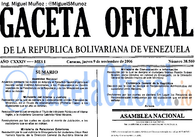 Gaceta Oficial 38560 del 9 Noviembre 2006