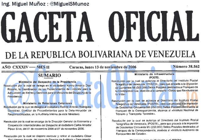 Gaceta Oficial 38562 del 13 Noviembre 2006