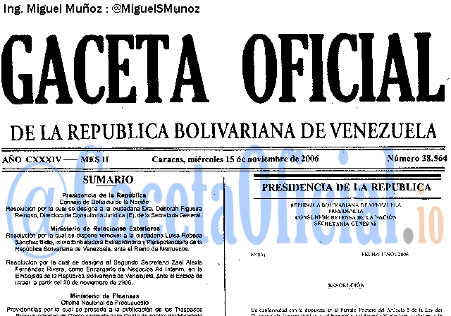 Gaceta Oficial 38564 del 15 Noviembre 2006