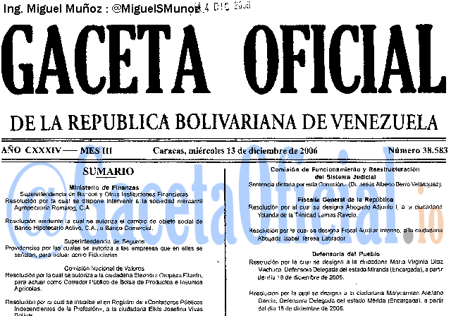 Gaceta Oficial 38583 del 13 Diciembre 2006