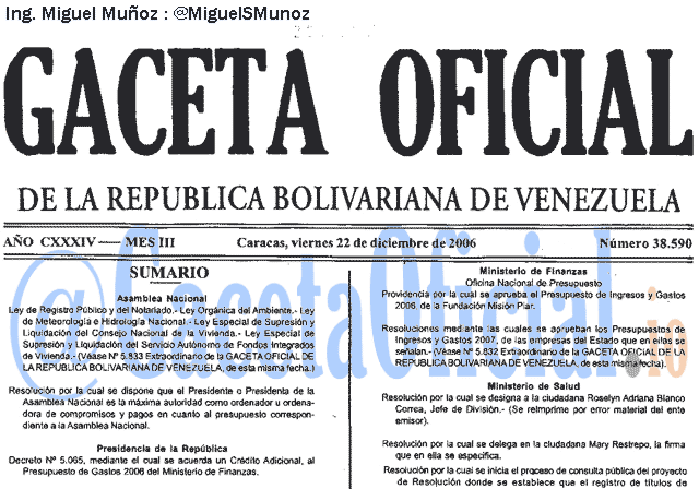 Gaceta Oficial 38590 del 22 Diciembre 2006