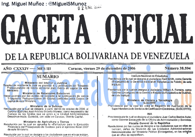 Gaceta Oficial 38594 del 29 Diciembre 2006