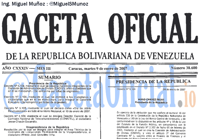 Gaceta Oficial 38600 del 9 Enero 2007