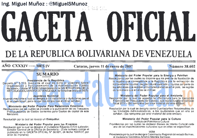 Gaceta Oficial 38602 del 11 Enero 2007