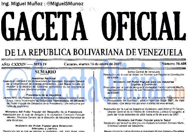 Gaceta Oficial 38605 del 16 Enero 2007