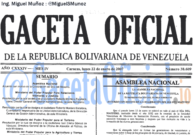 Gaceta Oficial 38609 del 22 Enero 2007