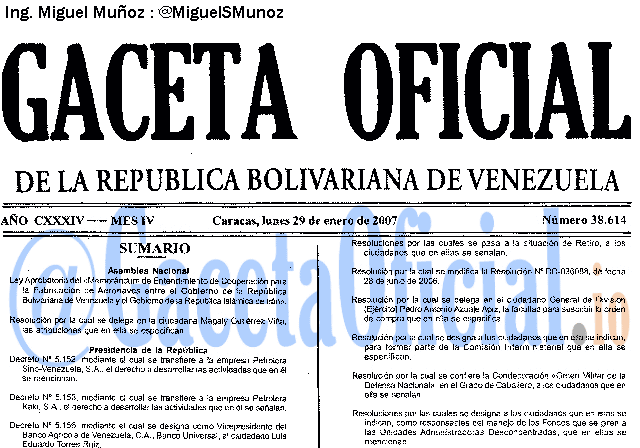 Gaceta Oficial 38614 del 29 Enero 2007