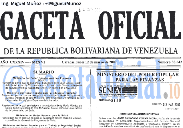 Gaceta Oficial 38642 del 12 Marzo 2007