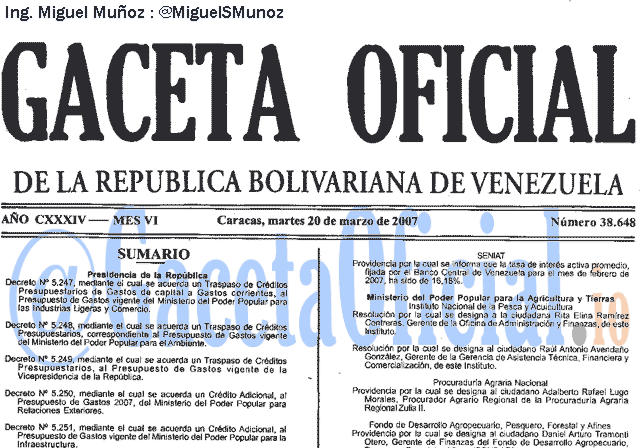 Gaceta Oficial 38648 del 20 Marzo 2007