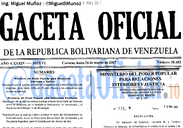 Gaceta Oficial 38652 del 26 Marzo 2007