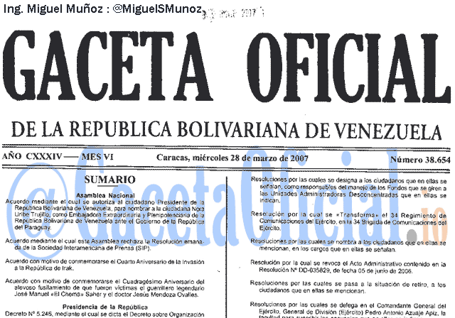 Gaceta Oficial 38654 del 28 Marzo 2007