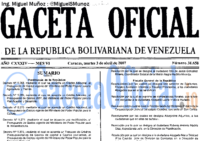 Gaceta Oficial 38658 del 3 Abril 2007