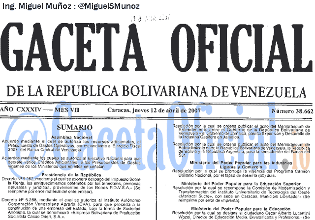 Gaceta Oficial 38662 del 12 Abril 2007