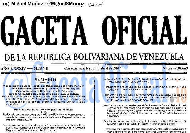 Gaceta Oficial 38665 del 17 Abril 2007