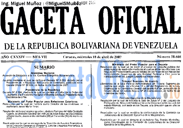Gaceta Oficial 38666 del 18 Abril 2007