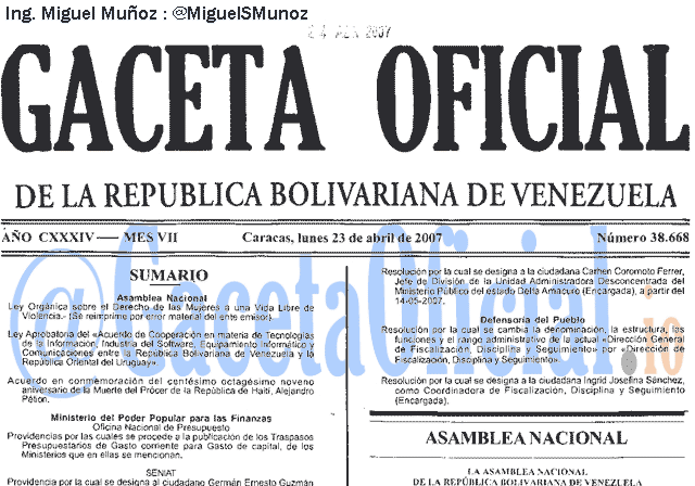 Gaceta Oficial 38668 del 23 Abril 2007